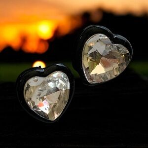 Heart-Shaped Crystal Pierced Earrings with black acrylic outline. NWOT
